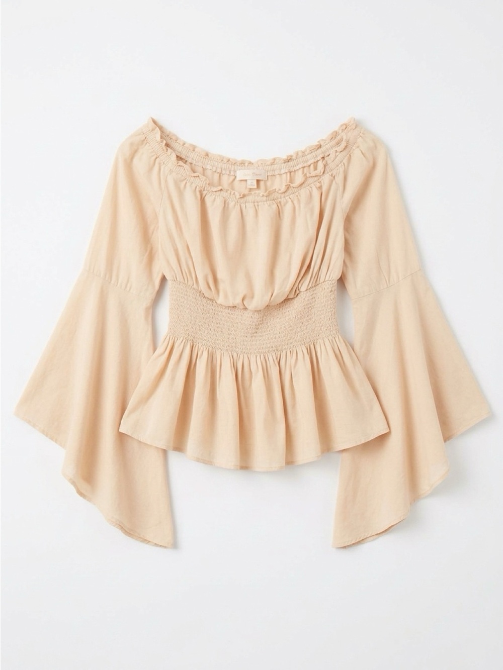 Light Cream Smocked Peplum Tunic with Ruffled Neckline